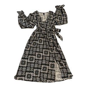 NWT Shein Paisley Scarf Print Flounce Sleeve Split Hem Belted Dress Multicolor